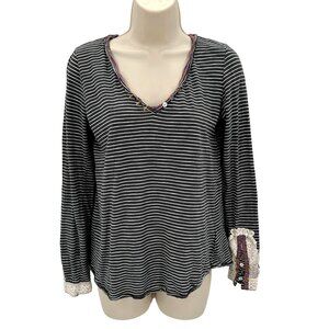 Anthropologie Striped Long Sleeve V Neck Top With Lace & Button Accents Size S